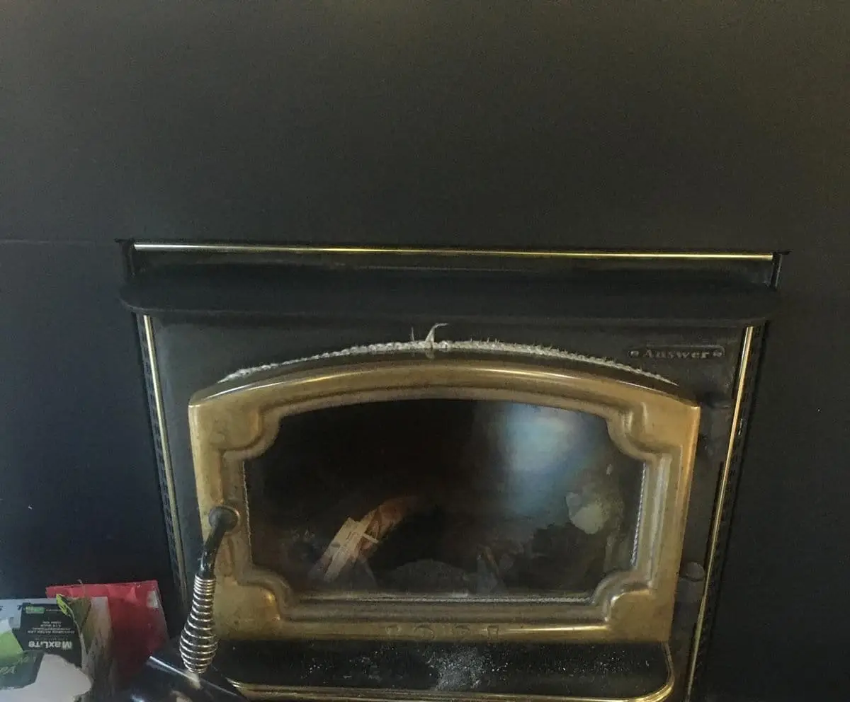 A fireplace insert with a gold-trimmed glass door set into a black surround.